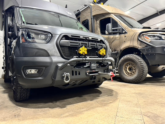 ford transit ekko with bumper winch and agile suspension upgrade at wolf pack overland