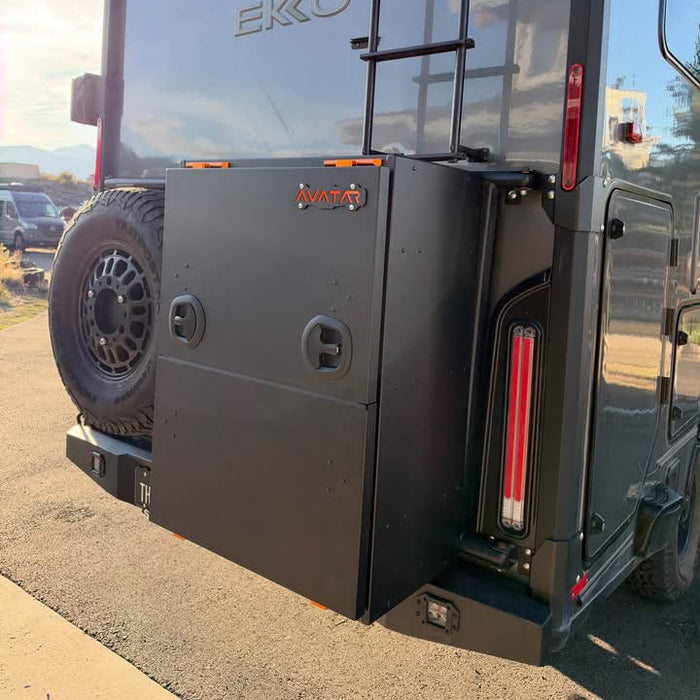 ekko tire and rear box storage option from Avatar offroad, a Wolf Pack Overland partner