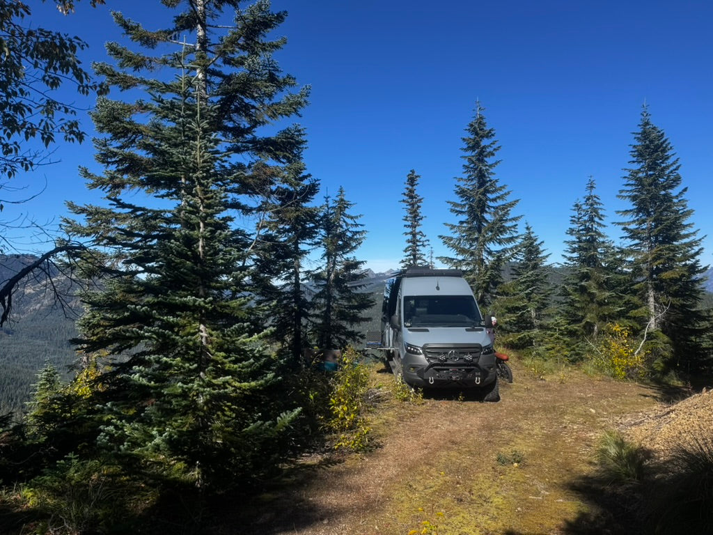 Gray camper van in a snowy evergreen forest