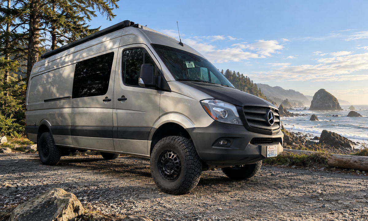 170 wheelbase sprinter with super singles and agile rip kit suspension installed by wolf pack overland