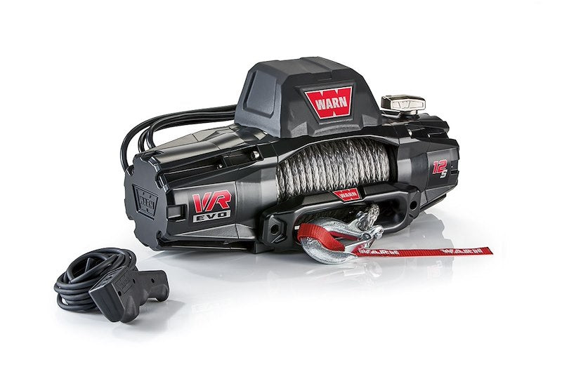 Close-up of Warn VR EVO 12-S synthetic rope winch with hawse fairlead, highlighting durable build and safety features.