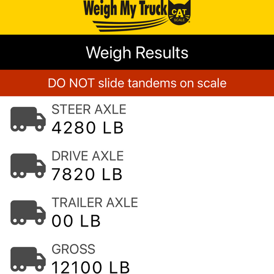A mobile app screenshot showing weigh results for a tiffin open trail, including steer axle 4280 LB, drive axle 7820 LB, trailer axle 00 LB, and gross 12100 LB through "weigh my truck"