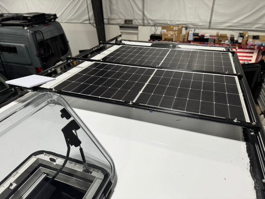 Rudy's Winnebago Ekko roof with expanded solar panels, Starlink, and a sunroof installed by Wolf Pack Overland