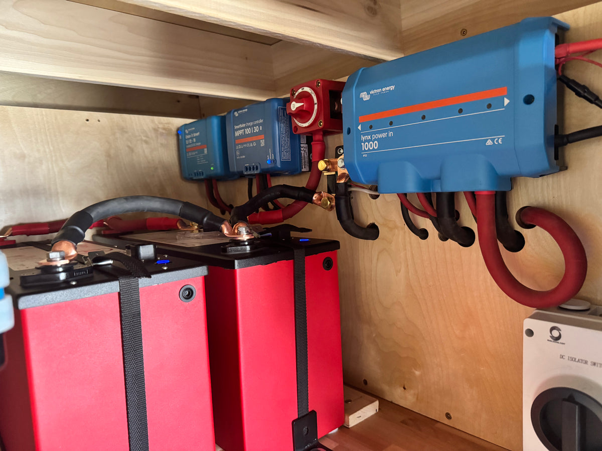 Batteries and Victron electrical equipment installed in a van