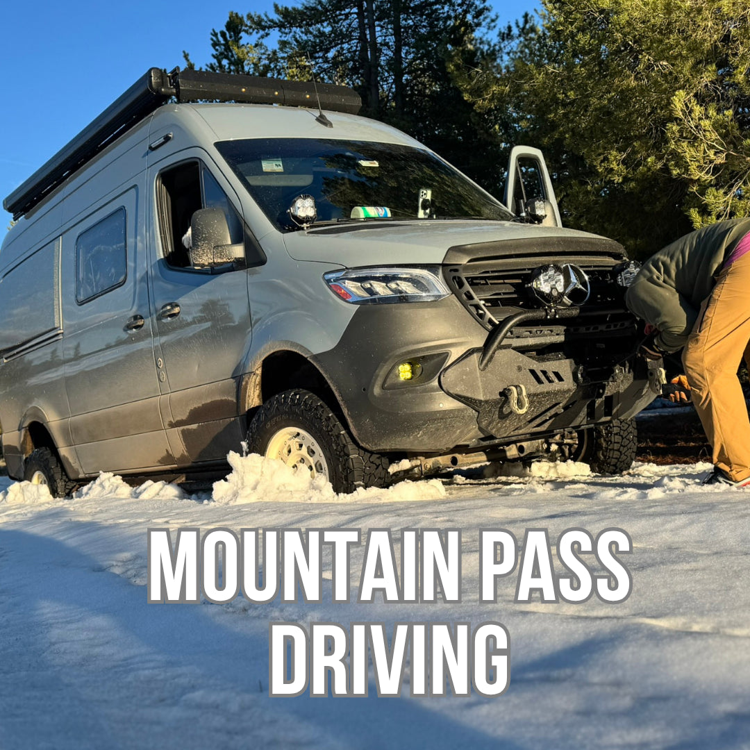 Sprinter in snow with mountain pass driving class artwork